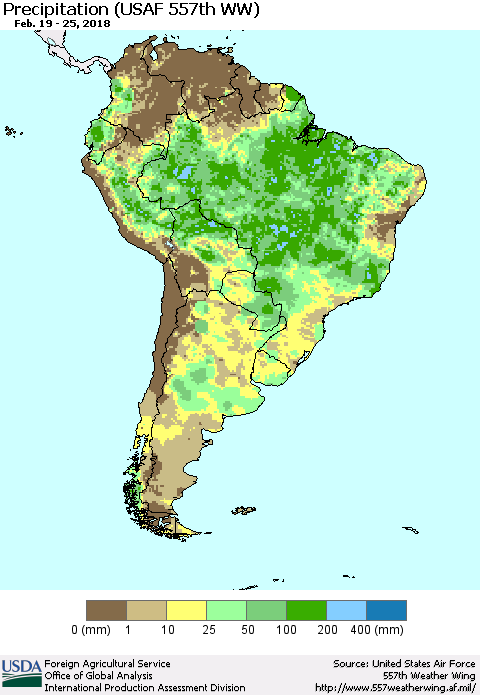 South America Precipitation (USAF 557th WW) Thematic Map For 2/19/2018 - 2/25/2018