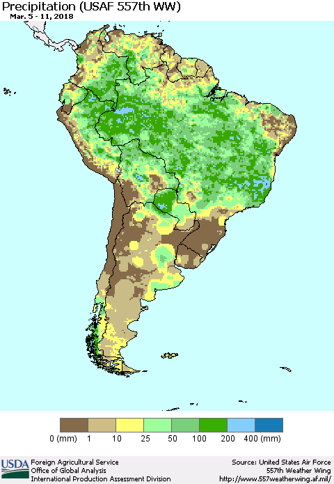 South America Precipitation (USAF 557th WW) Thematic Map For 3/5/2018 - 3/11/2018