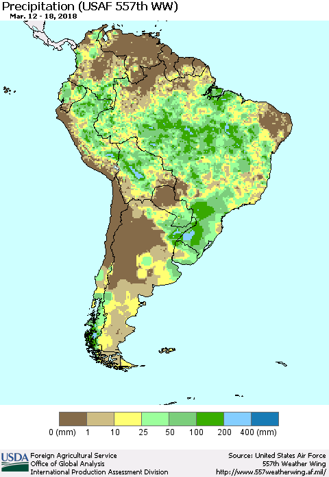 South America Precipitation (USAF 557th WW) Thematic Map For 3/12/2018 - 3/18/2018