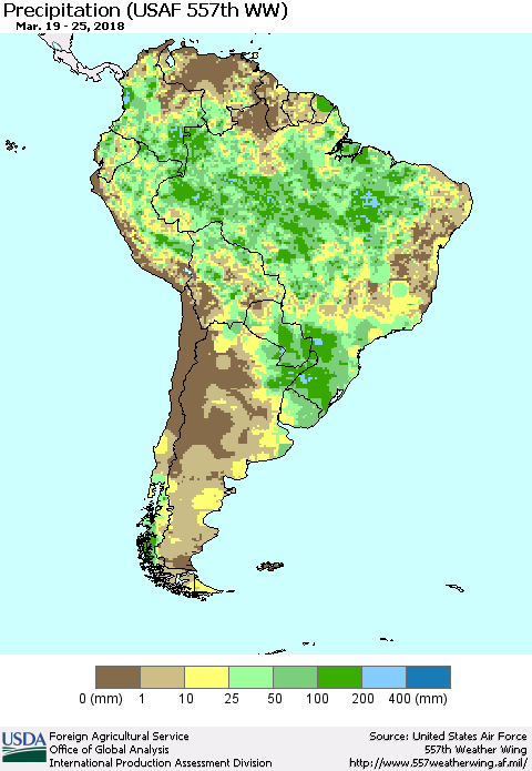South America Precipitation (USAF 557th WW) Thematic Map For 3/19/2018 - 3/25/2018