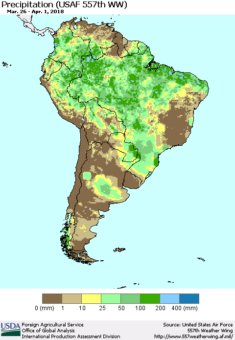 South America Precipitation (USAF 557th WW) Thematic Map For 3/26/2018 - 4/1/2018