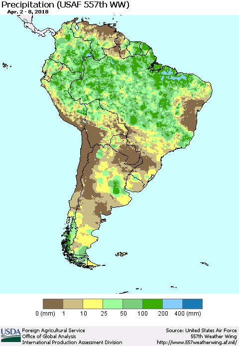 South America Precipitation (USAF 557th WW) Thematic Map For 4/2/2018 - 4/8/2018
