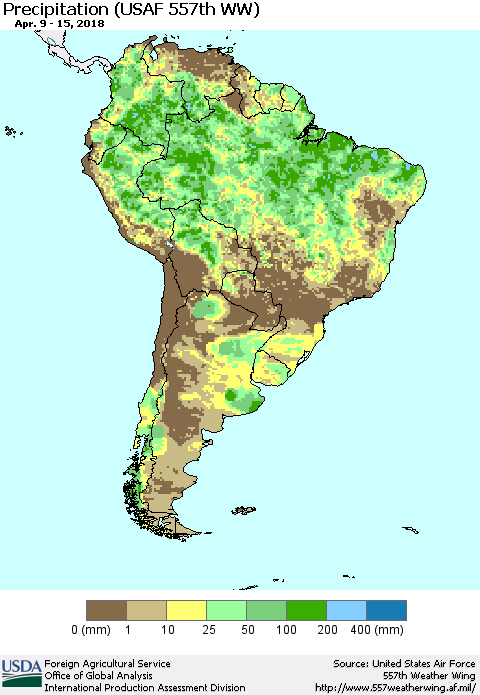 South America Precipitation (USAF 557th WW) Thematic Map For 4/9/2018 - 4/15/2018