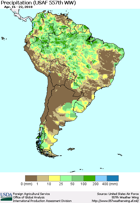 South America Precipitation (USAF 557th WW) Thematic Map For 4/16/2018 - 4/22/2018