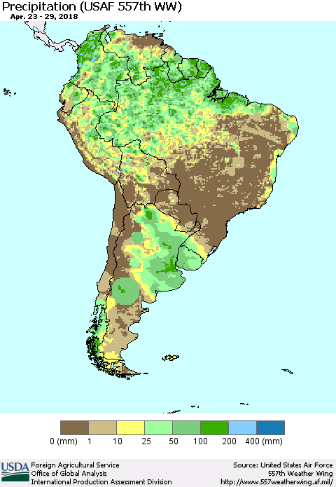 South America Precipitation (USAF 557th WW) Thematic Map For 4/23/2018 - 4/29/2018