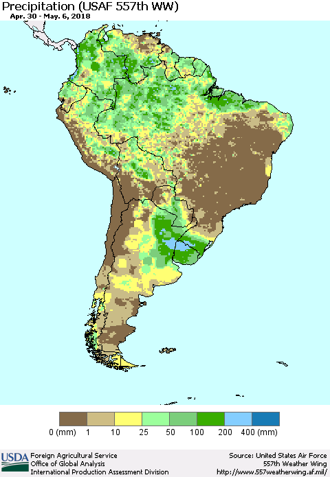 South America Precipitation (USAF 557th WW) Thematic Map For 4/30/2018 - 5/6/2018
