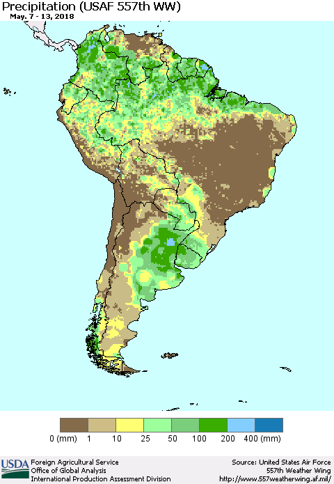 South America Precipitation (USAF 557th WW) Thematic Map For 5/7/2018 - 5/13/2018