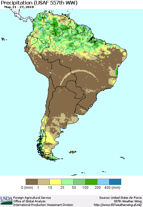 South America Precipitation (USAF 557th WW) Thematic Map For 5/21/2018 - 5/27/2018