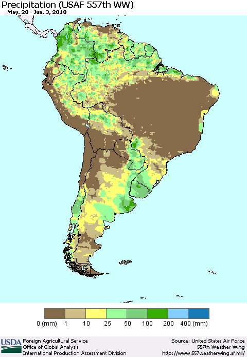 South America Precipitation (USAF 557th WW) Thematic Map For 5/28/2018 - 6/3/2018