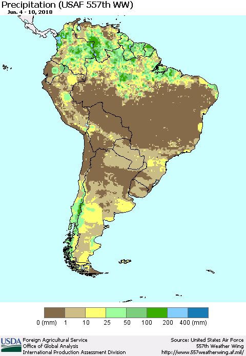 South America Precipitation (USAF 557th WW) Thematic Map For 6/4/2018 - 6/10/2018