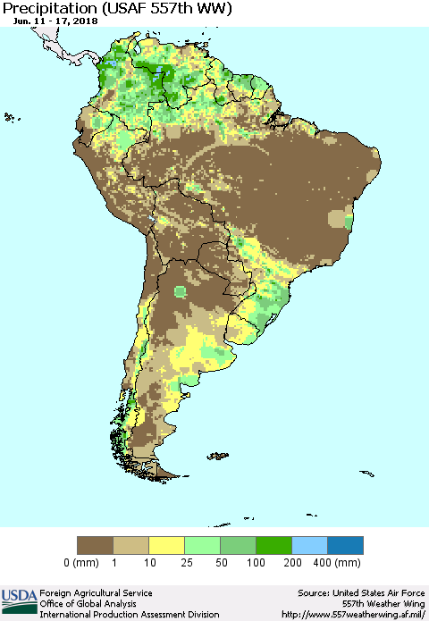 South America Precipitation (USAF 557th WW) Thematic Map For 6/11/2018 - 6/17/2018