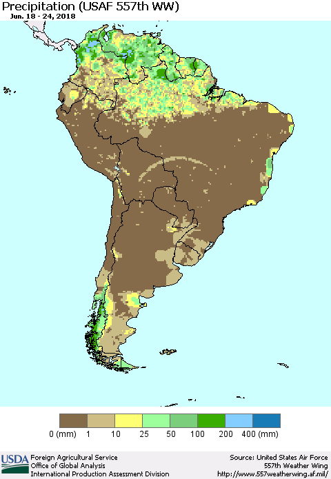 South America Precipitation (USAF 557th WW) Thematic Map For 6/18/2018 - 6/24/2018