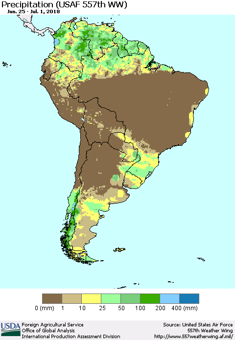 South America Precipitation (USAF 557th WW) Thematic Map For 6/25/2018 - 7/1/2018