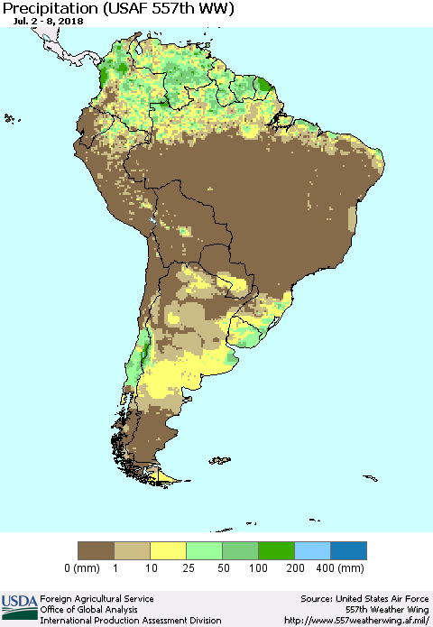 South America Precipitation (USAF 557th WW) Thematic Map For 7/2/2018 - 7/8/2018