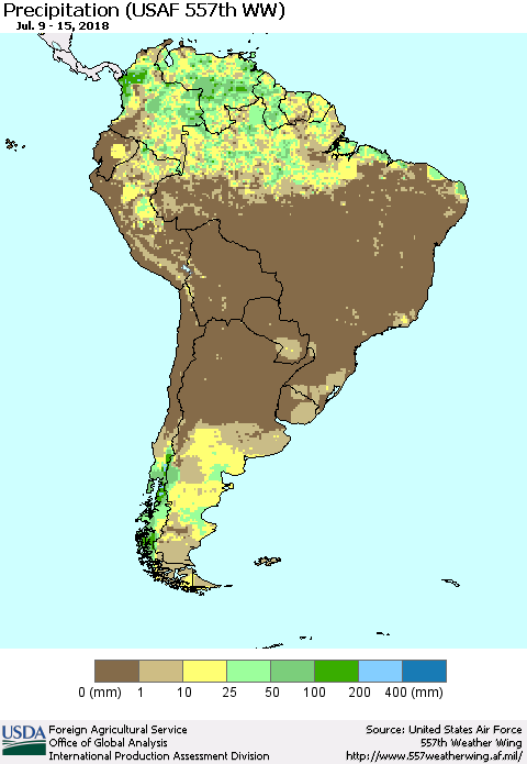 South America Precipitation (USAF 557th WW) Thematic Map For 7/9/2018 - 7/15/2018