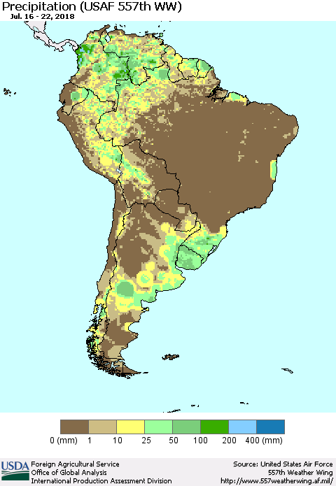 South America Precipitation (USAF 557th WW) Thematic Map For 7/16/2018 - 7/22/2018