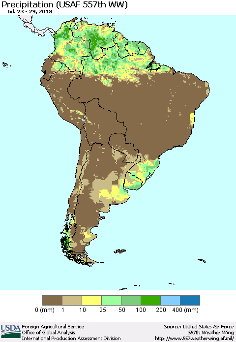 South America Precipitation (USAF 557th WW) Thematic Map For 7/23/2018 - 7/29/2018