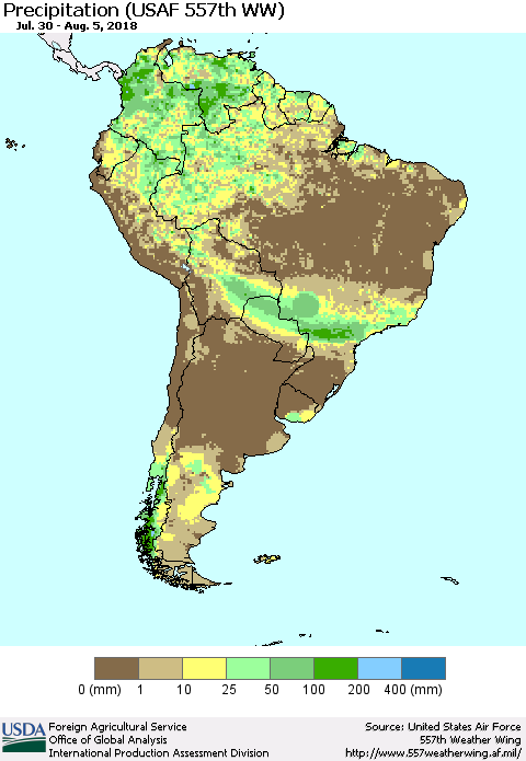 South America Precipitation (USAF 557th WW) Thematic Map For 7/30/2018 - 8/5/2018
