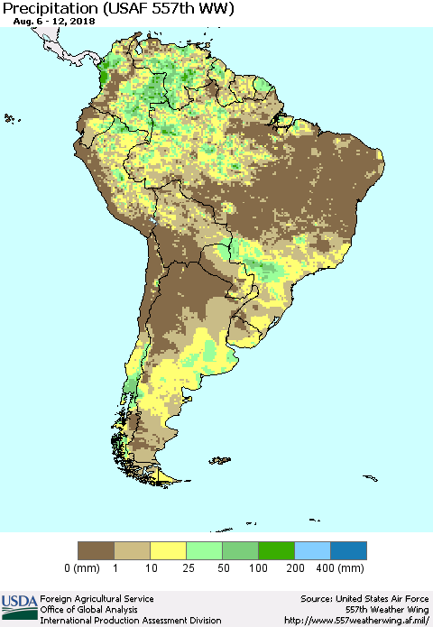 South America Precipitation (USAF 557th WW) Thematic Map For 8/6/2018 - 8/12/2018