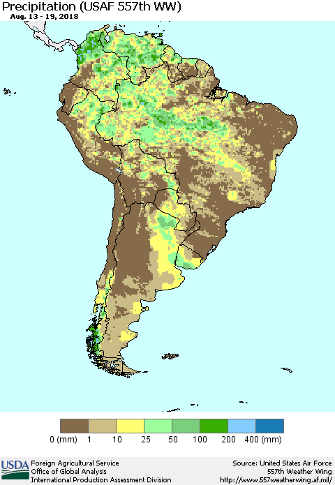 South America Precipitation (USAF 557th WW) Thematic Map For 8/13/2018 - 8/19/2018