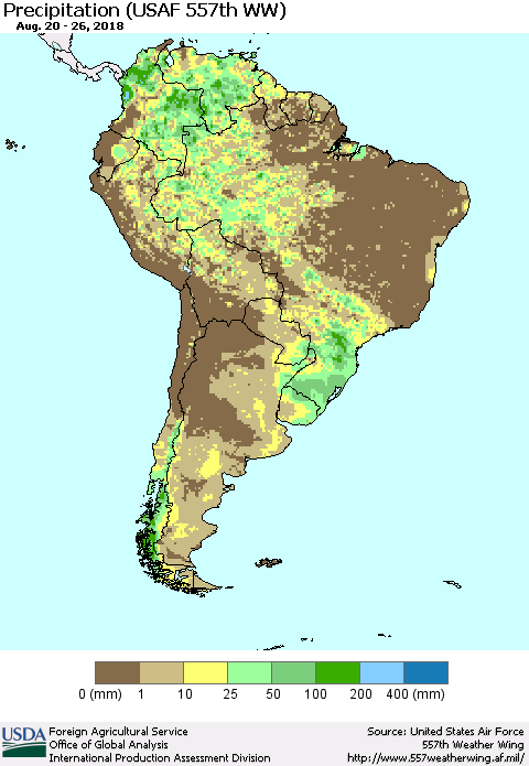 South America Precipitation (USAF 557th WW) Thematic Map For 8/20/2018 - 8/26/2018