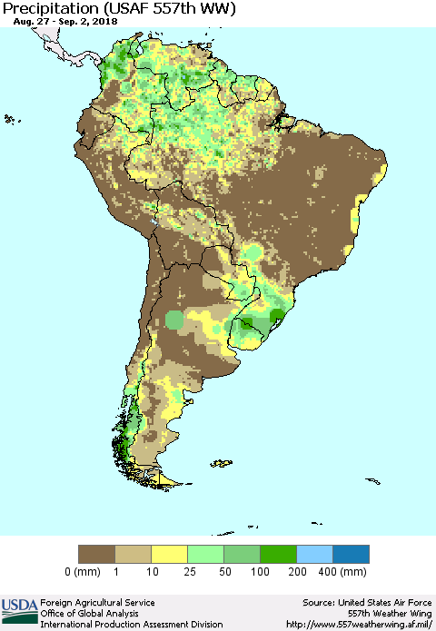 South America Precipitation (USAF 557th WW) Thematic Map For 8/27/2018 - 9/2/2018