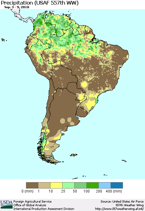 South America Precipitation (USAF 557th WW) Thematic Map For 9/3/2018 - 9/9/2018