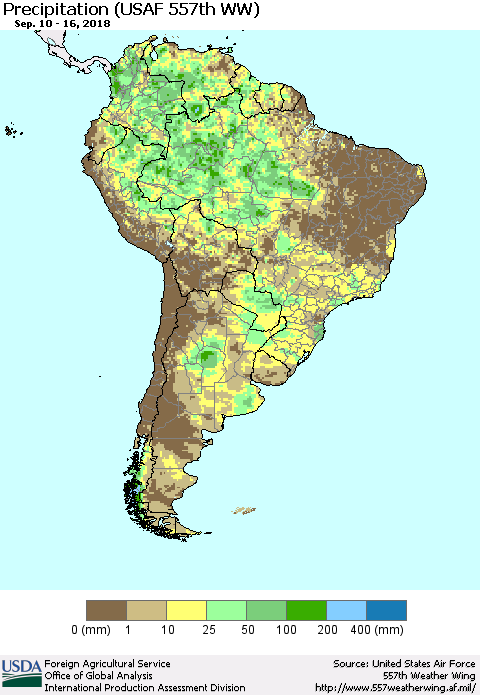 South America Precipitation (USAF 557th WW) Thematic Map For 9/10/2018 - 9/16/2018