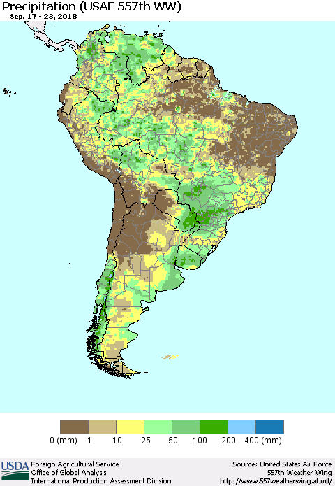 South America Precipitation (USAF 557th WW) Thematic Map For 9/17/2018 - 9/23/2018