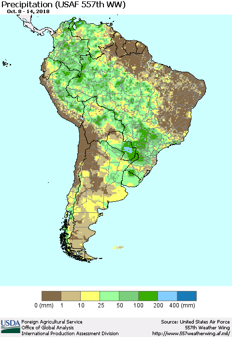 South America Precipitation (USAF 557th WW) Thematic Map For 10/8/2018 - 10/14/2018