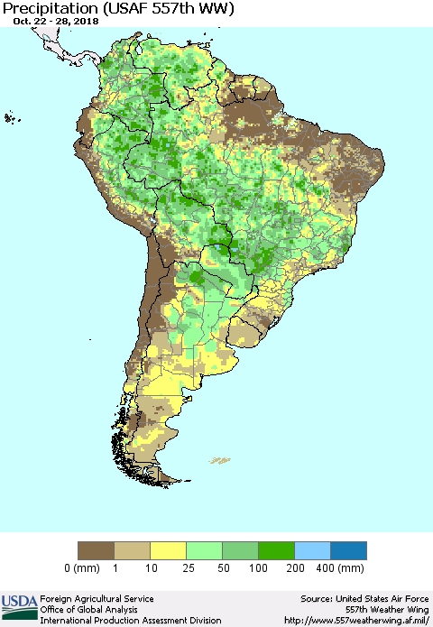 South America Precipitation (USAF 557th WW) Thematic Map For 10/22/2018 - 10/28/2018