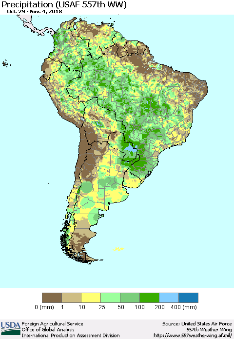 South America Precipitation (USAF 557th WW) Thematic Map For 10/29/2018 - 11/4/2018