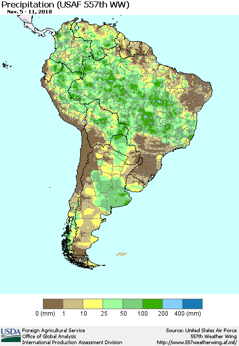 South America Precipitation (USAF 557th WW) Thematic Map For 11/5/2018 - 11/11/2018
