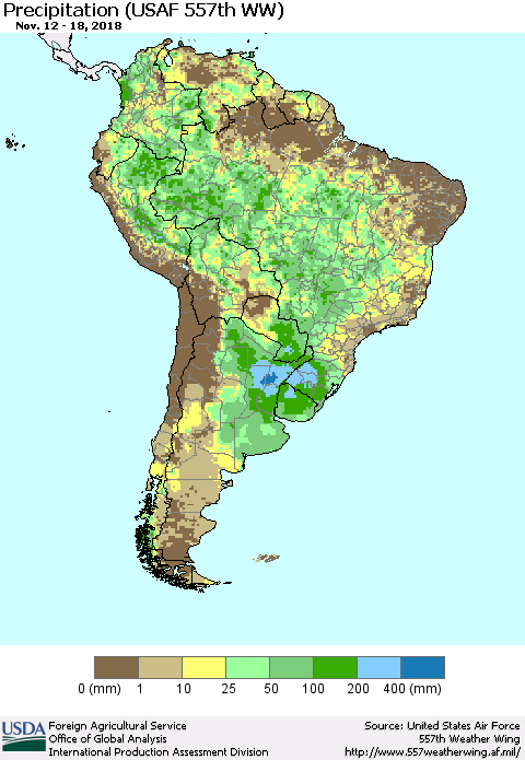 South America Precipitation (USAF 557th WW) Thematic Map For 11/12/2018 - 11/18/2018