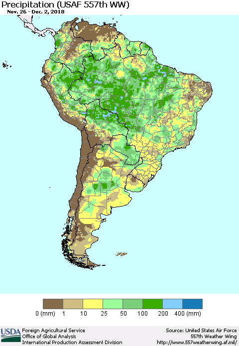 South America Precipitation (USAF 557th WW) Thematic Map For 11/26/2018 - 12/2/2018