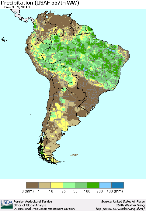South America Precipitation (USAF 557th WW) Thematic Map For 12/3/2018 - 12/9/2018