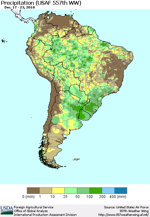 South America Precipitation (USAF 557th WW) Thematic Map For 12/17/2018 - 12/23/2018