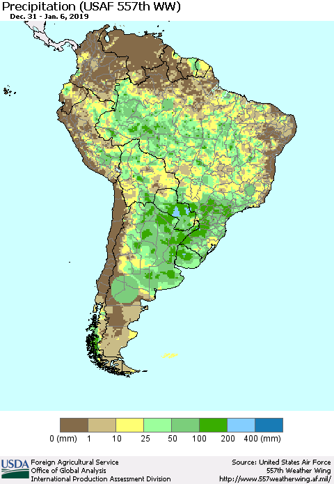 South America Precipitation (USAF 557th WW) Thematic Map For 12/31/2018 - 1/6/2019