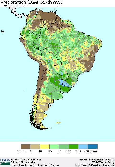 South America Precipitation (USAF 557th WW) Thematic Map For 1/7/2019 - 1/13/2019