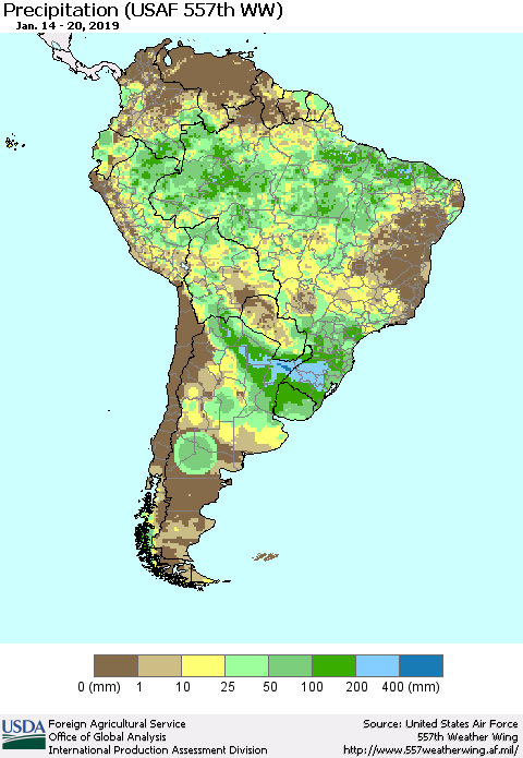 South America Precipitation (USAF 557th WW) Thematic Map For 1/14/2019 - 1/20/2019