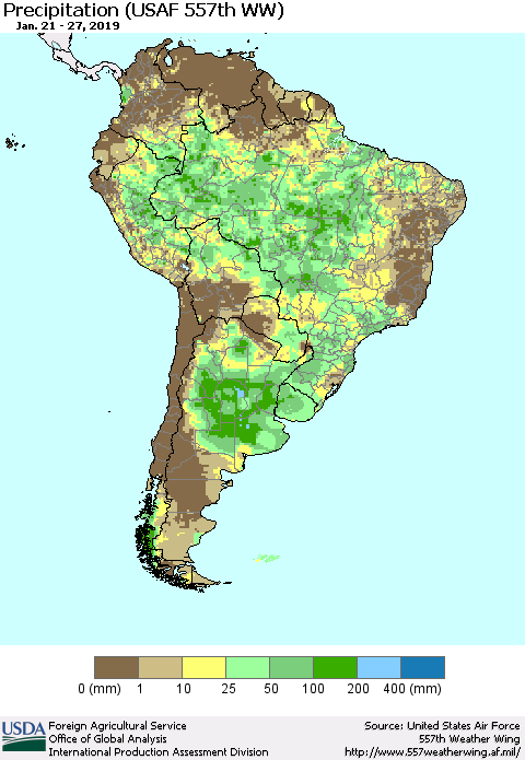 South America Precipitation (USAF 557th WW) Thematic Map For 1/21/2019 - 1/27/2019