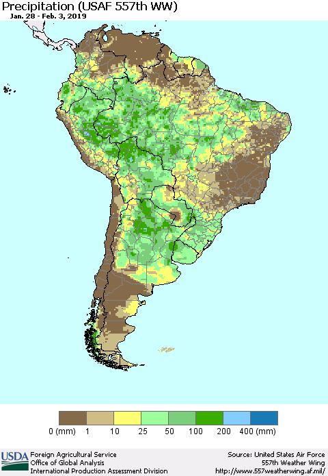 South America Precipitation (USAF 557th WW) Thematic Map For 1/28/2019 - 2/3/2019