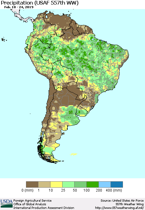South America Precipitation (USAF 557th WW) Thematic Map For 2/18/2019 - 2/24/2019