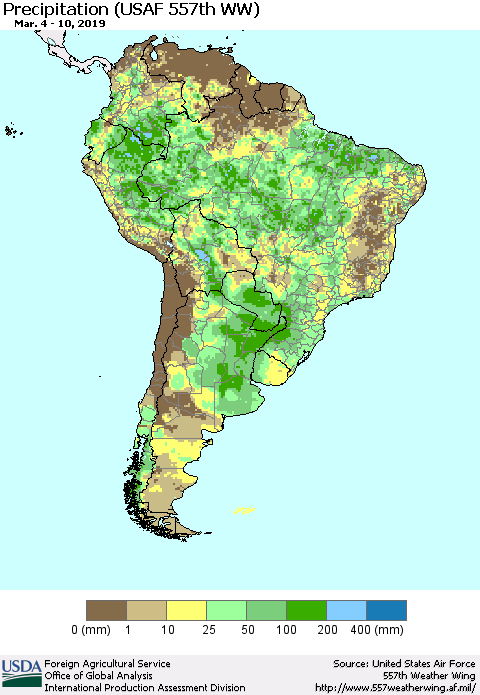 South America Precipitation (USAF 557th WW) Thematic Map For 3/4/2019 - 3/10/2019