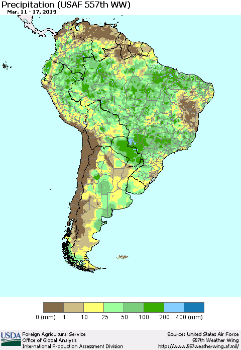 South America Precipitation (USAF 557th WW) Thematic Map For 3/11/2019 - 3/17/2019