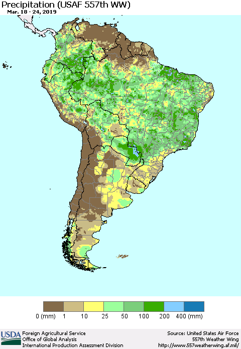 South America Precipitation (USAF 557th WW) Thematic Map For 3/18/2019 - 3/24/2019