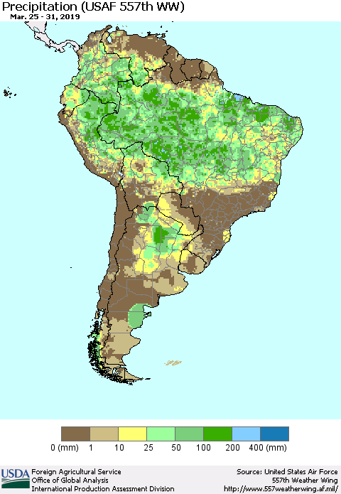 South America Precipitation (USAF 557th WW) Thematic Map For 3/25/2019 - 3/31/2019