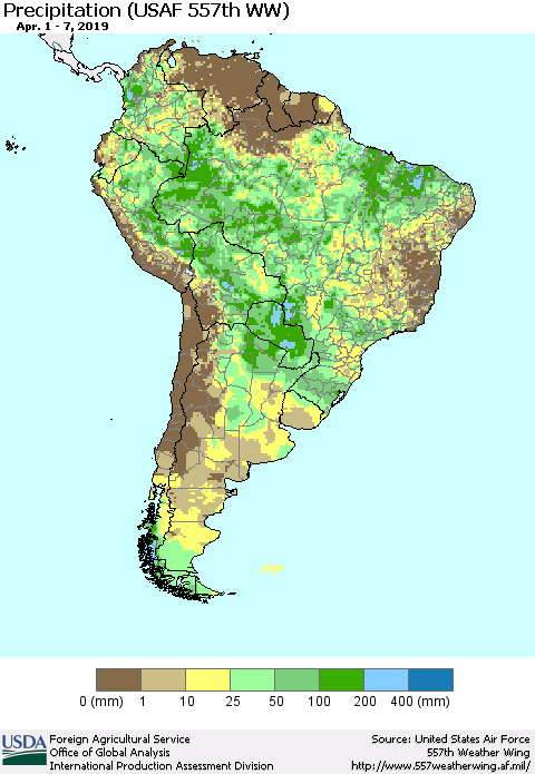South America Precipitation (USAF 557th WW) Thematic Map For 4/1/2019 - 4/7/2019