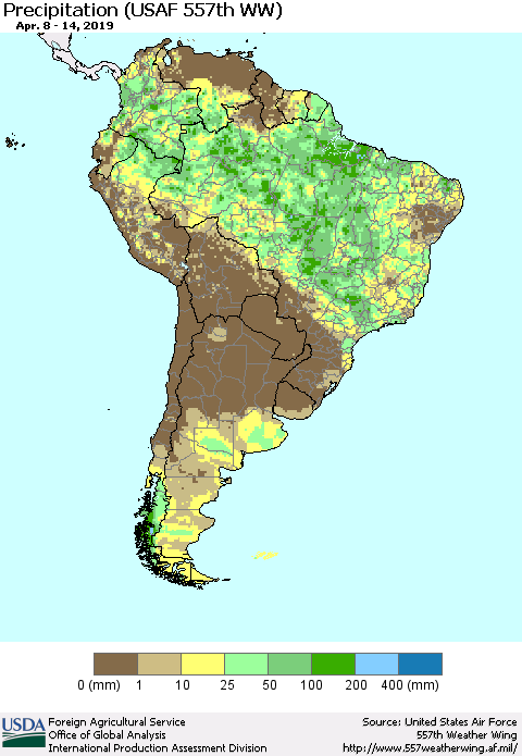 South America Precipitation (USAF 557th WW) Thematic Map For 4/8/2019 - 4/14/2019