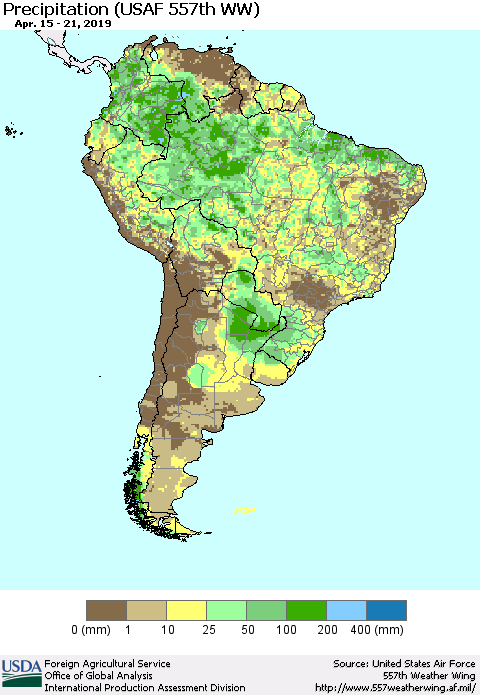 South America Precipitation (USAF 557th WW) Thematic Map For 4/15/2019 - 4/21/2019